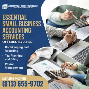 Two individuals are shown working on financial documents with calculators and a laptop, illustrating small business accounting.