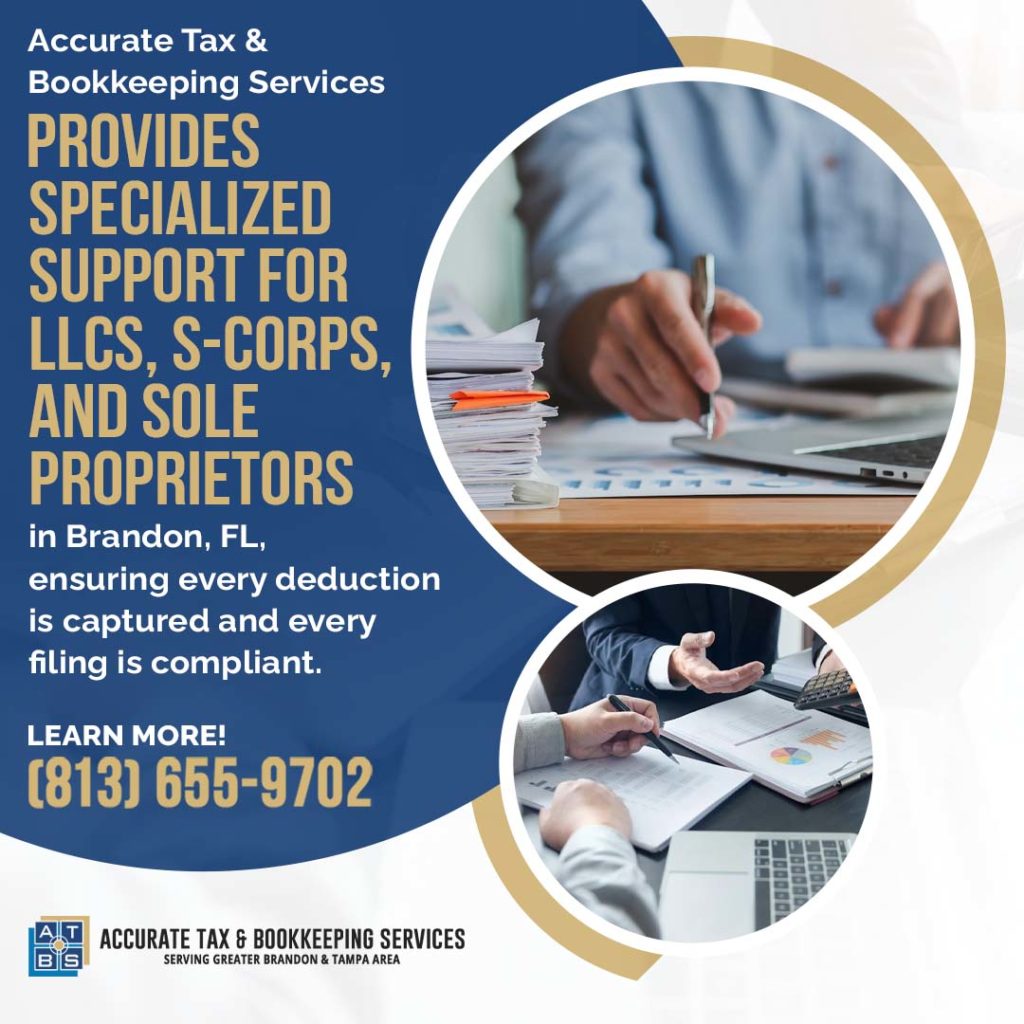 Business owner reviewing financial documents with Accurate Tax & Bookkeeping Services for LLC, S-Corp, and sole proprietor tax support in Brandon, FL