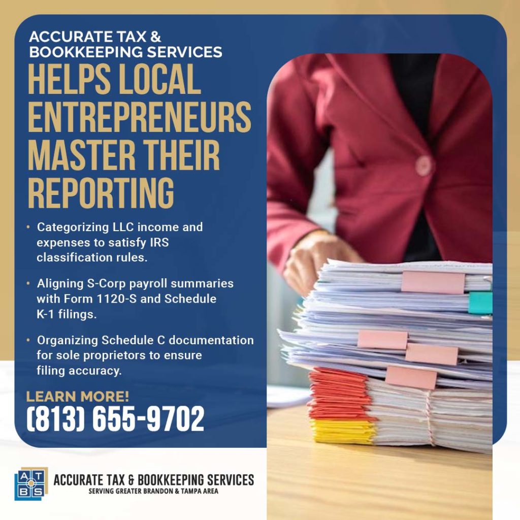Stack of organized business records and bookkeeping documents for entrepreneur financial reporting with Accurate Tax & Bookkeeping Services