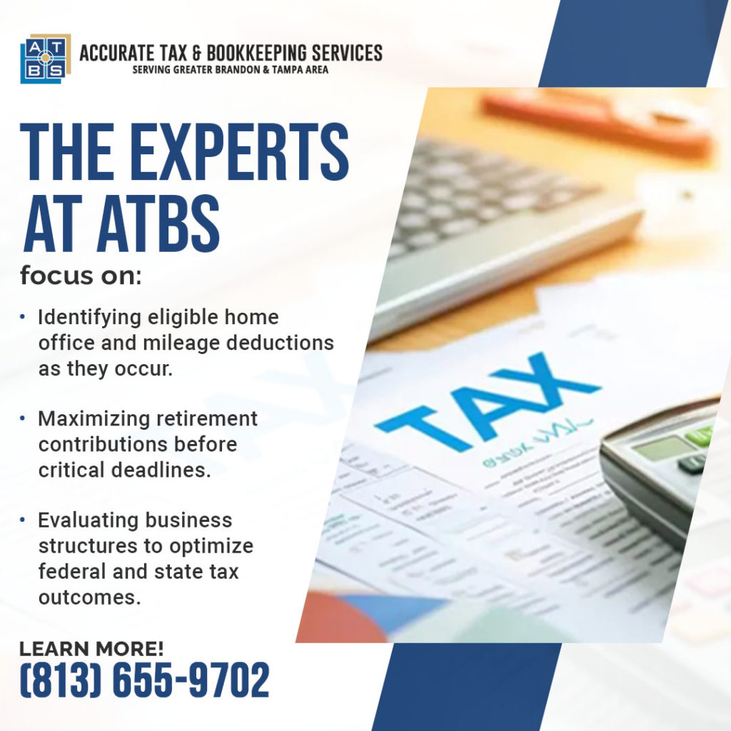 Accurate Tax & Bookkeeping Services explaining tax planning strategies including home office deductions, mileage tracking, retirement contributions, and business structure tax optimization for Brandon businesses.