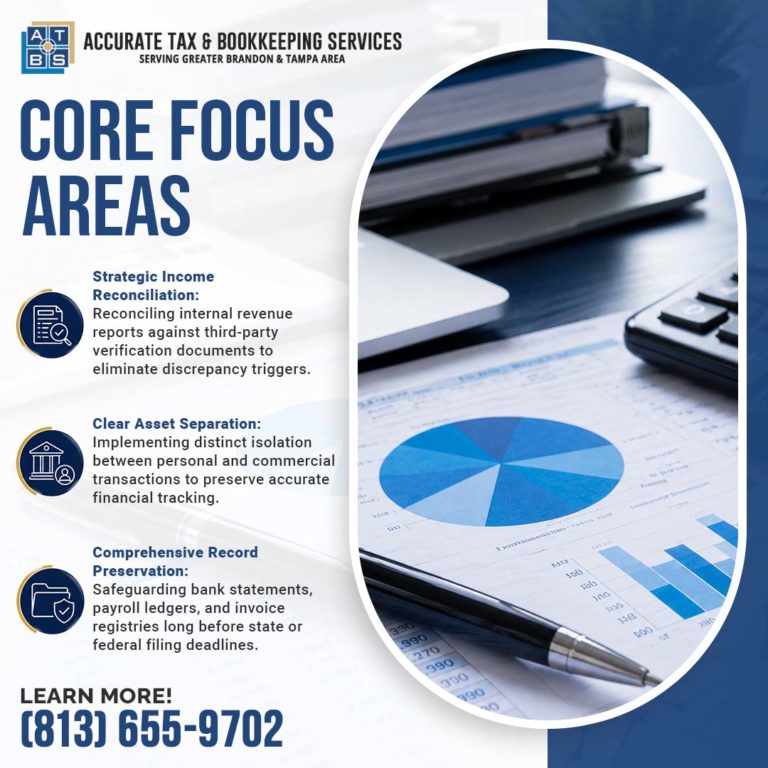Financial reports with a pie chart and pen next to text detailing core focus areas for Accurate Tax & Bookkeeping Services.