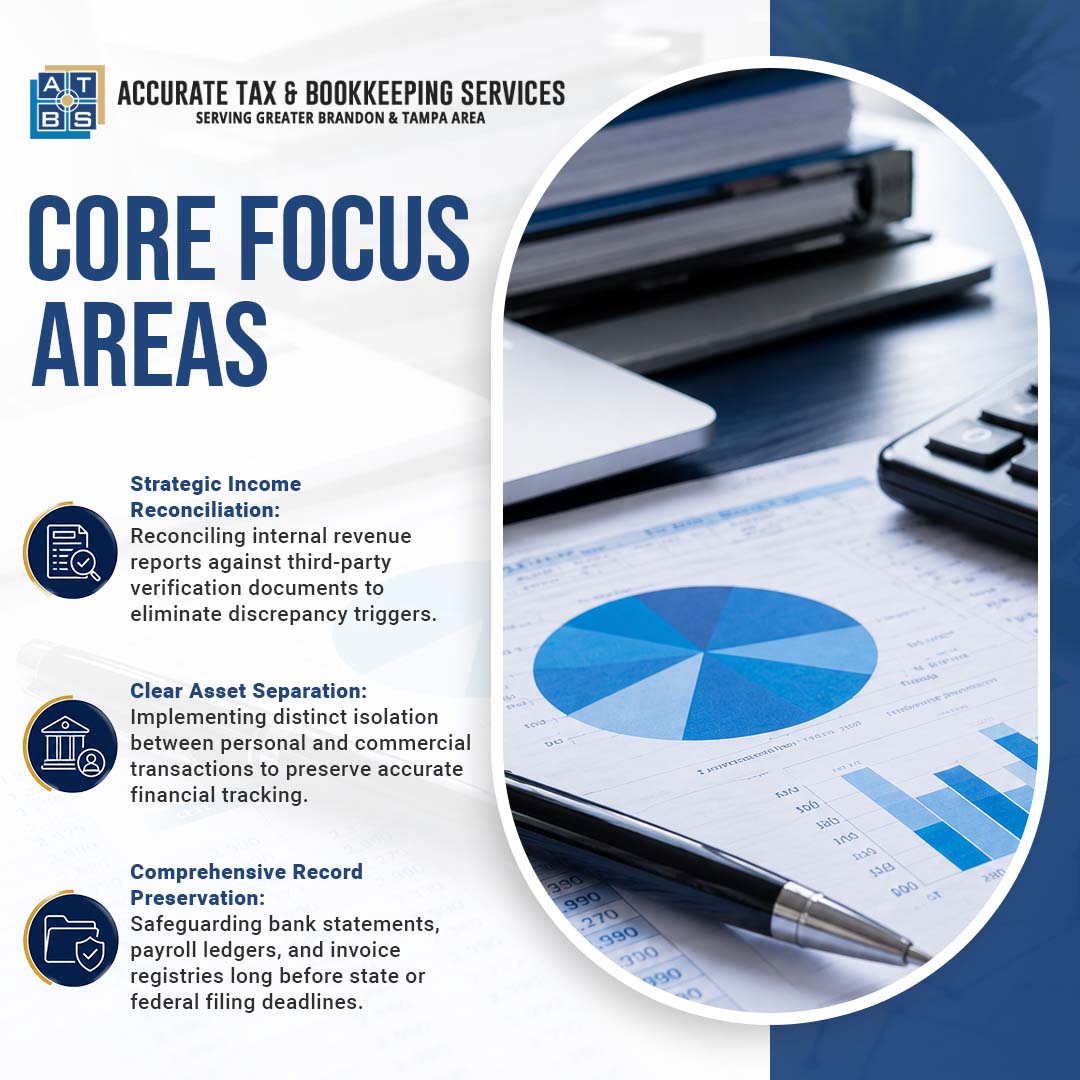 Financial reports displaying a pie chart, calculator, and pen next to text detailing core focus areas for Accurate Tax & Bookkeeping Services.