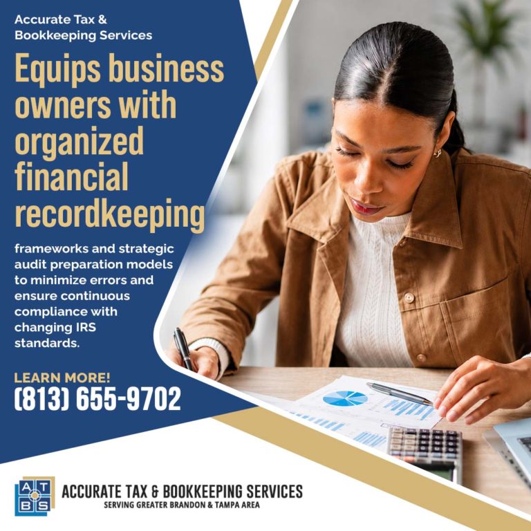 A woman reviewing financial charts at a desk on an Accurate Tax & Bookkeeping Services graphic emphasizing organized recordkeeping and IRS compliance.