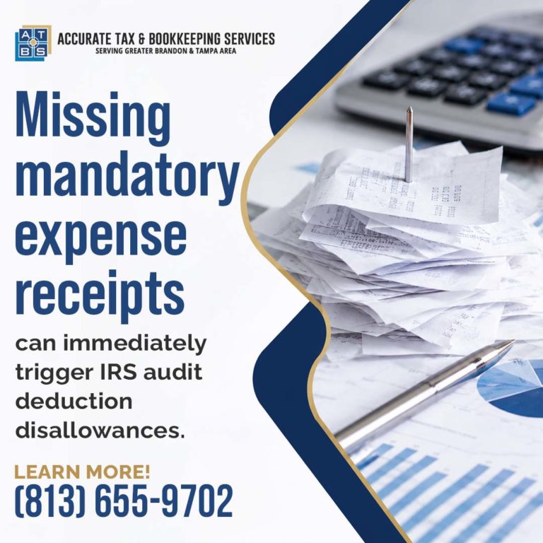A stack of paper business receipts on a metal spindle beside an office calculator, pen, and financial charts with text warning about IRS audit deduction disallowances.