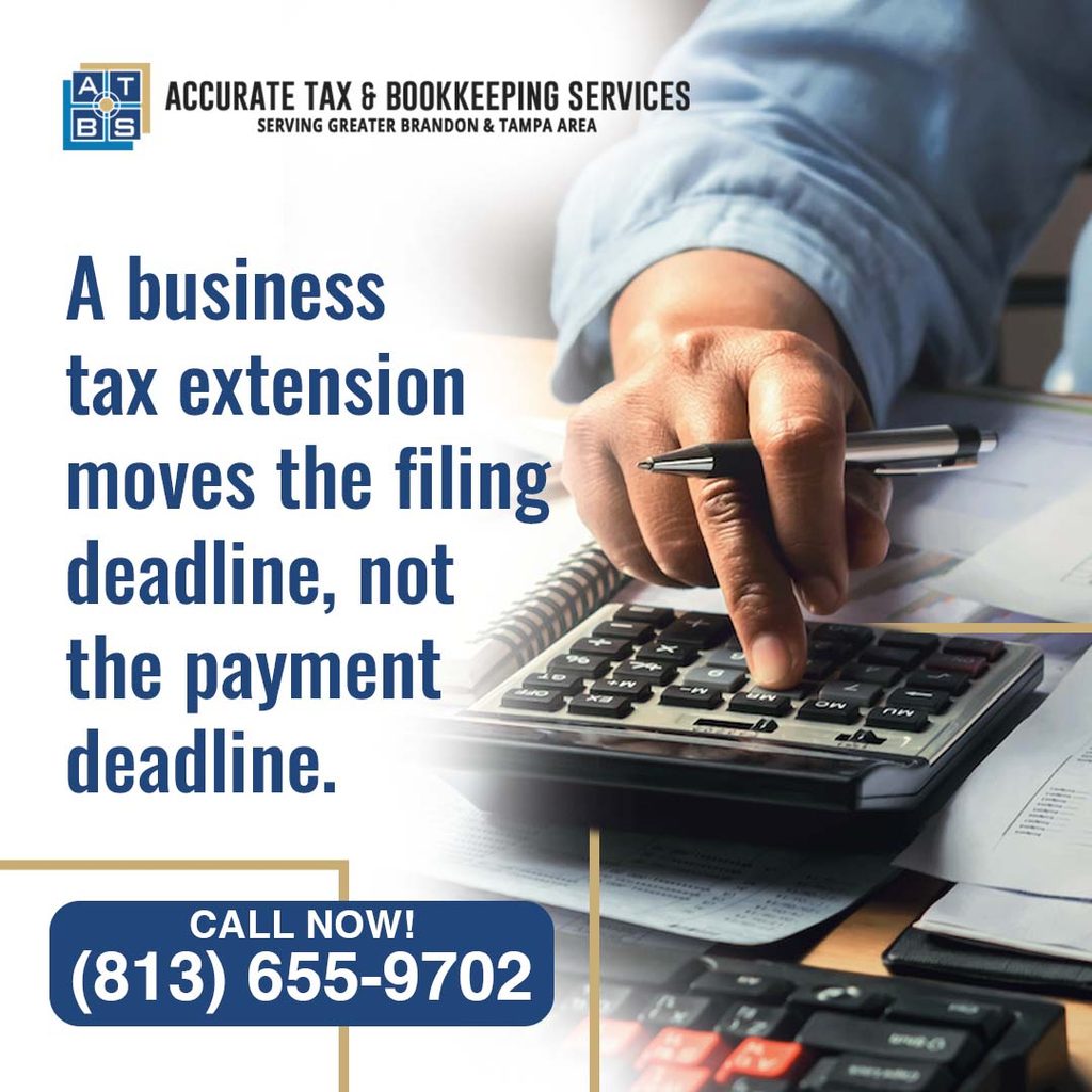Hand using a calculator beside a pen and notebook, illustrating a business tax extension and filing deadline