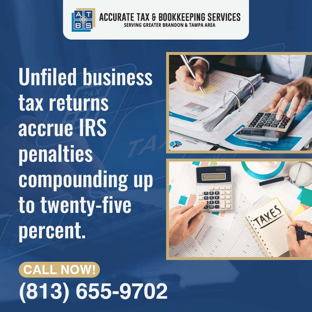 Hands using a calculator over financial reports and a taxes notebook, illustrating unfiled business tax return penalties