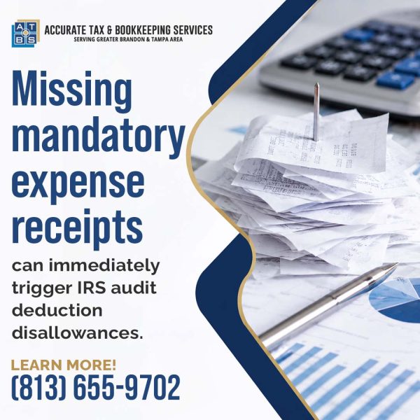 A stack of paper business receipts on a metal spindle beside an office calculator, pen, and financial charts with text warning about IRS audit deduction disallowances.