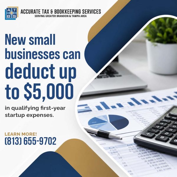 A desk setup featuring financial pie charts, a calculator, pen, and laptop beside text detailing up to 5,000 dollars in small business startup tax deductions.
